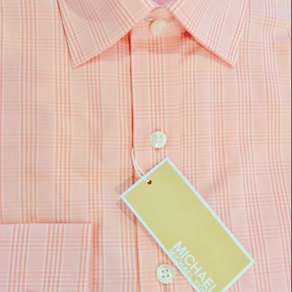 NWT Men shirt Dress15 32/33 Michael kors open collar Orange Check